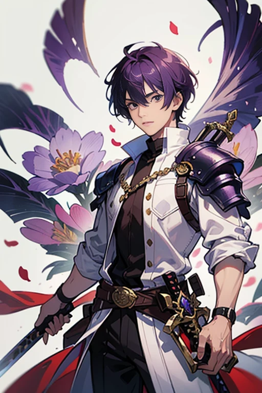 Holding a long sword in one hand、A man with a sword in his other hand, arma, 1boy, Male Focus, Solo, Sword, scabbard,  White background, Purple hair, flower petals