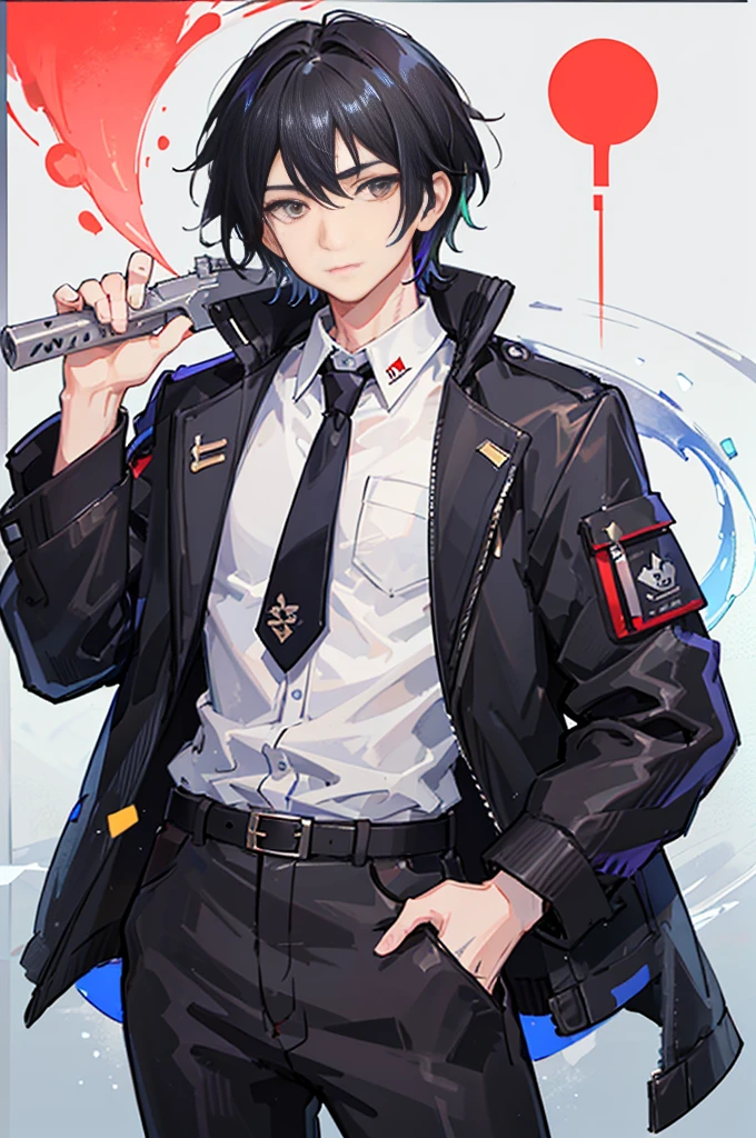 Man in a jacket, wear a tie and dress pants、Holding a weapon in both hands, 1boy, Male Focus, Solo, Black hair, multicolored hair, White hair, White background, neck tie,Simple background, Pants, Standing