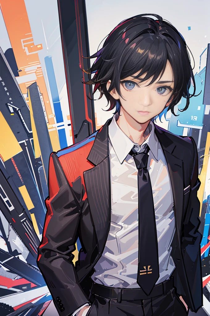 Man in a jacket, wear a tie and dress pants、Holding a weapon in both hands, 1boy, Male Focus, Solo, Black hair, multicolored hair, White hair, White background, neck tie,Simple background, Pants, Standing