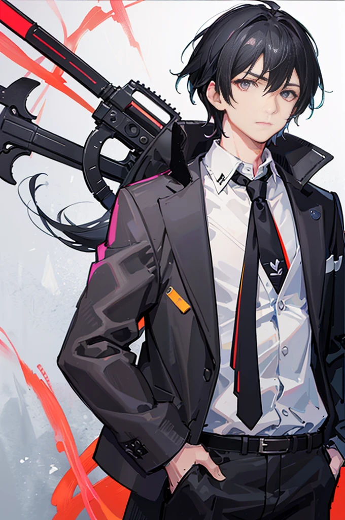 Man in a jacket, wear a tie and dress pants、Holding a weapon in both hands, 1boy, Male Focus, Solo, Black hair, multicolored hair, White hair, White background, neck tie,Simple background, Pants, Standing