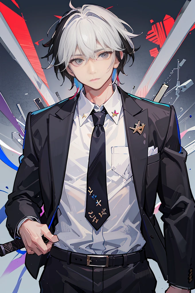 Man in a jacket, wear a tie and dress pants、Holding a weapon in both hands, 1boy, Male Focus, Solo, Black hair, multicolored hair, White hair, White background, neck tie,Simple background, Pants, Standing
