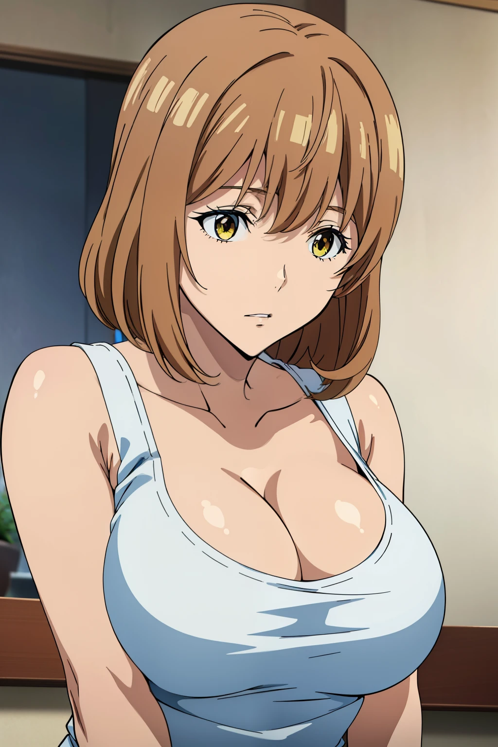 (Best Quality, masutepiece, High resolution, anime screen cap, anime colours), Brown hair, Yellow eyes, Yuriko Aoki, Embarrassed look, (large full breasts:1.5), cleavage of the breast, (white tank-top:1.5, no-bra:1.3, Thin fabric), Slimed, Arms Down:1.3, Breast squeeze:1.5, Upper body, Chest close-up, Bedrooms, (Perfect Anatomy, perfect detailed body, Eyes and hair in beautiful detail, Beautiful breasts and skin),