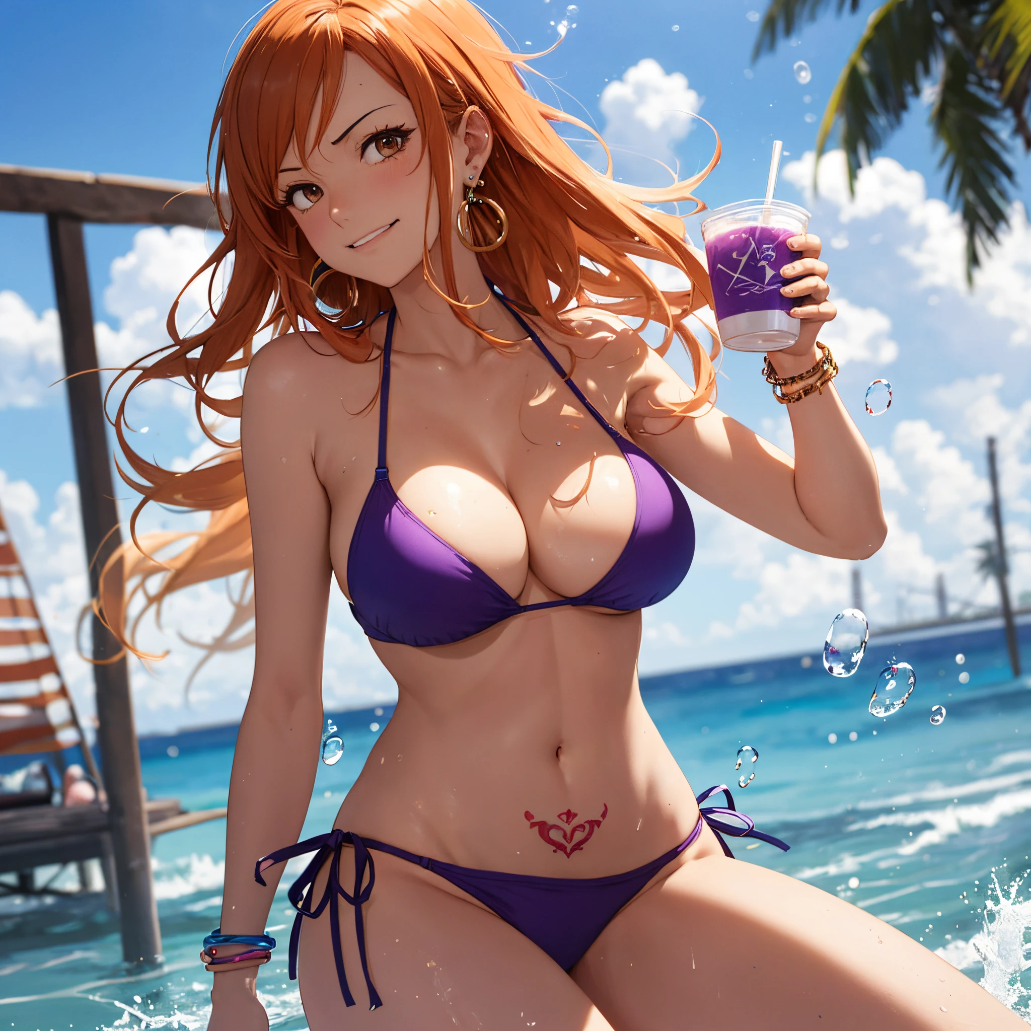 nami \(one piece\),
1girl, bangle, bangs, bare shoulders, bikini, bikini top and bottom,  bracelet, breasts, brown eyes, bubble, cleavage,  denim, earrings, floating hair, purple bikini, groin, jewelry, large breasts, long hair, looking at own body, navel, orange hair, shoulder tattoo, sidelocks, sky, smile, solo, stomach, swimsuit, tattoo, angry, grabbing own breasts, sweaty, shy, flusttered, holding double white foam stacked cup, Double stacked cup has purple glowing liquid inside
, ((masterpiece)