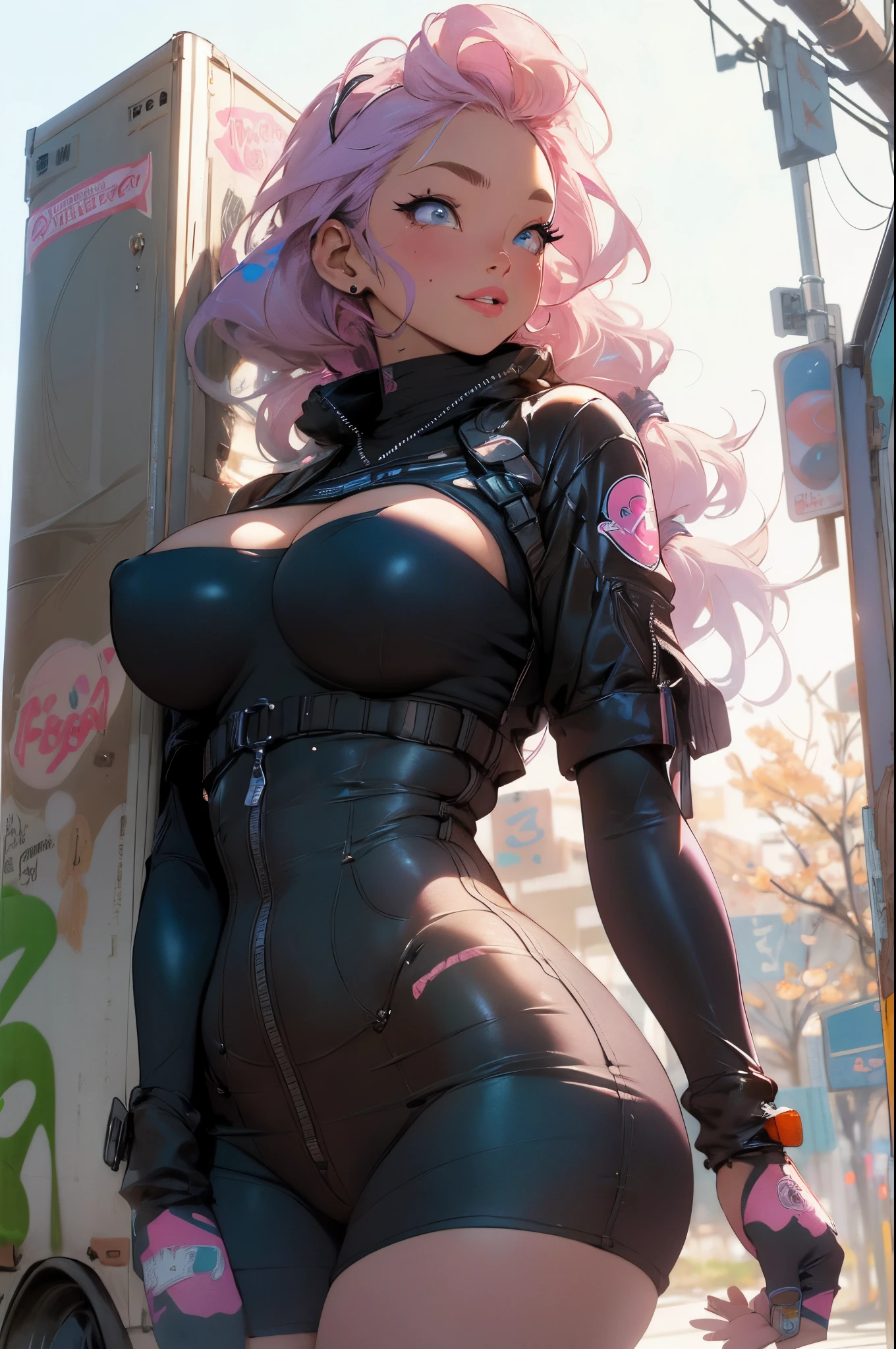 PERFECT MASTERPIECE, EXTREMELY DETAILED CG UNITY 8K UHD QUALITY RESOLUTION WALLPAPER, PHOTOREALISTIC, OFFICIAL ART, RAW PHOTO, AWARD-WINNING PORTRAIT,  PROFESSIONAL CINEMATIC LIGHTING, OCTANE RENDERING, UNREAL ENGINE 5.8K, The most beautiful and sexy punk rock girl, very long rainbow colored hair in pigtails, vibrant glowing moonlight eyes, long detailed eyelashes, blushing, full pouting pink lips, curvy body type, full hips, super huge enormously gigantic tits, cleavage showing, gigantic tits bursting out of her shirt, wearing trendy Harajuku-inspired hip-hop clothes, tons of tattoos and piercings, standing spreading her legs open arching her back in a sexy seductive slutty pose, looking at the viewer, close up pov camera view from below, sexy seductive slutty happy cheerful facial expression, cherry blossoms blowing in the wind, splattered graffiti paint drip background