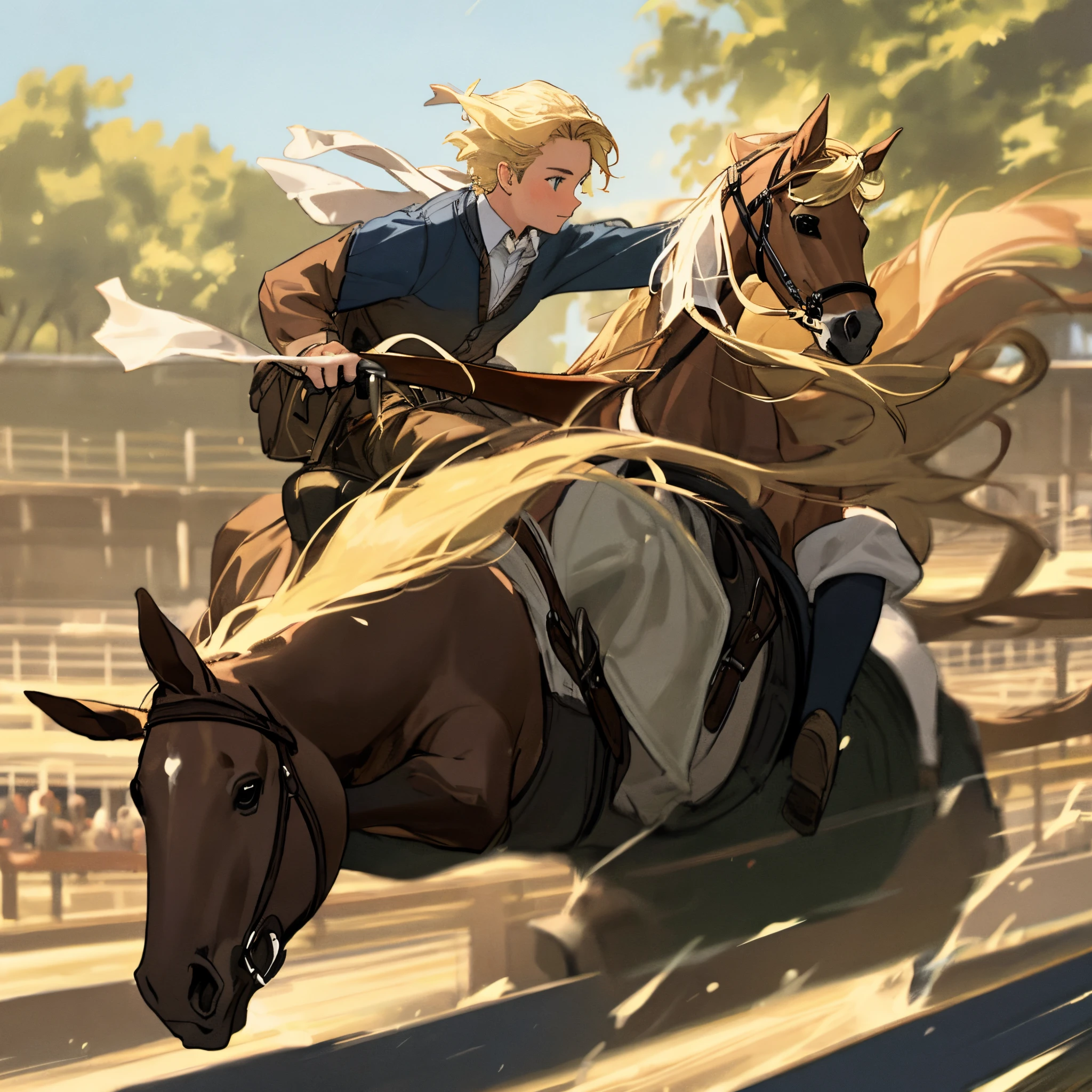 Blonde boy riding horse