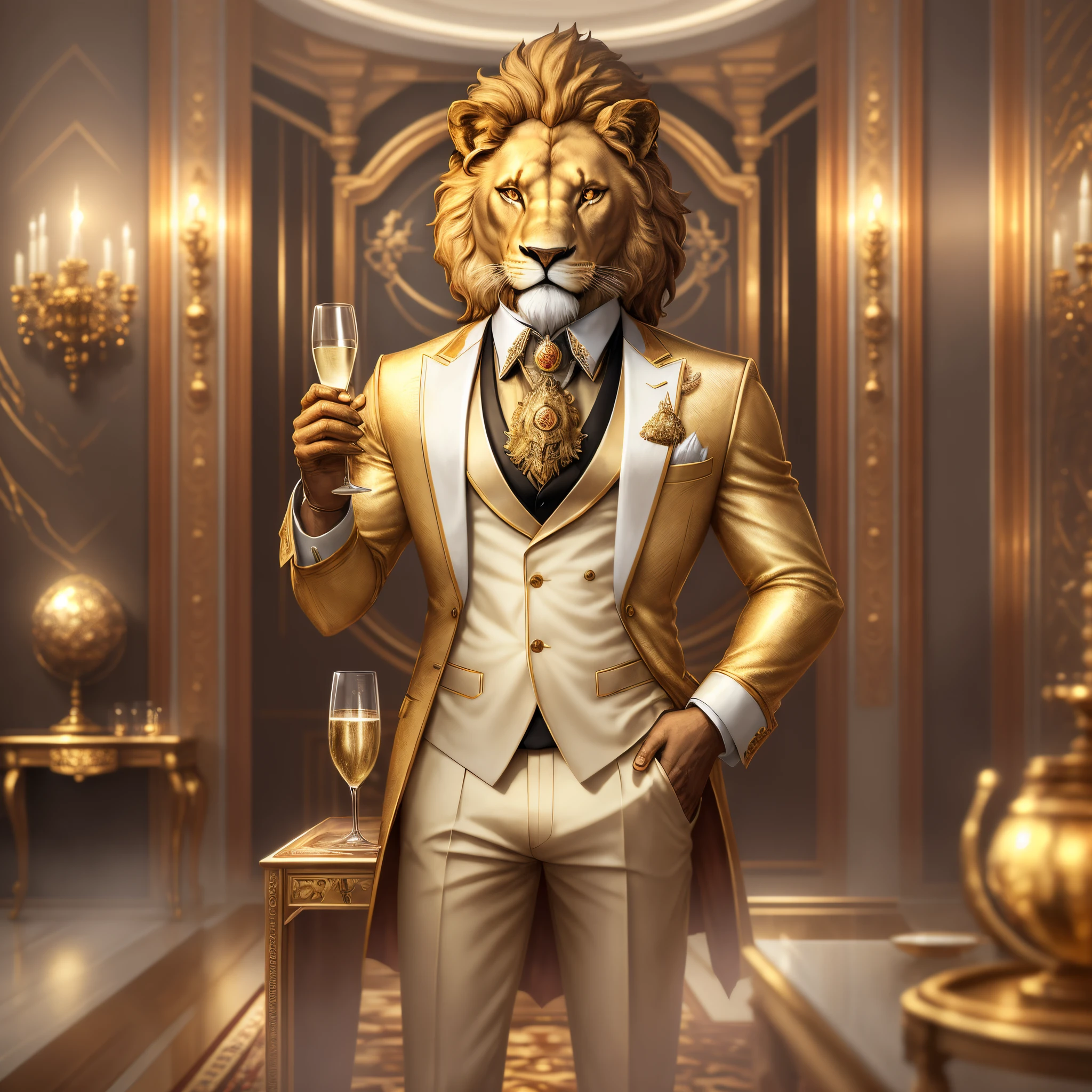 Anthropomorphic lion masterpiece, best quality, realistic, holding a glass of champagne, standing, in a collar of white shirt, and suits of royalty, gold particles, volumetric lighting, crystal hall and walls in boiserie, paintings and luxury furniture. --auto --s2