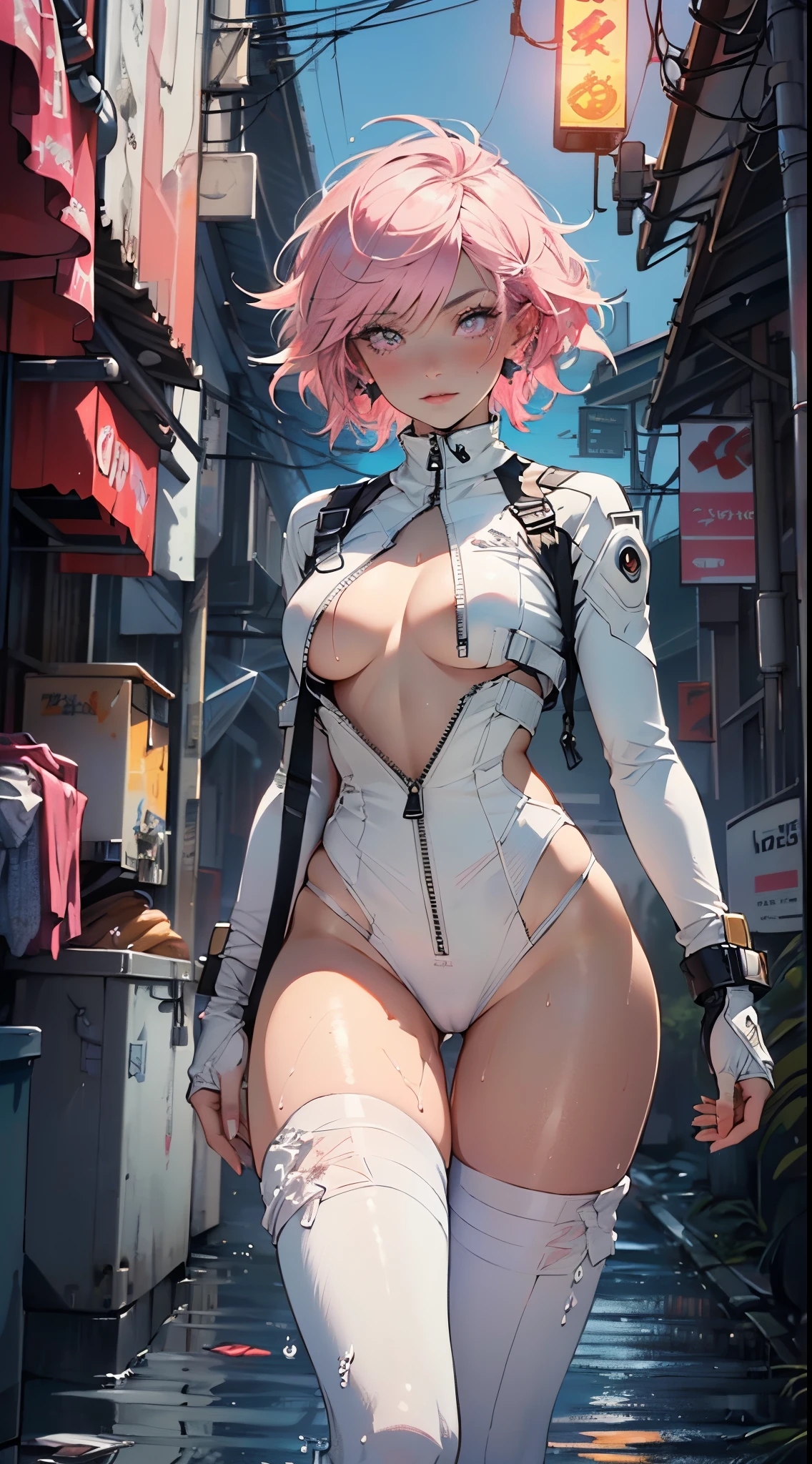 girl spacepunk,(((1girl))),((beautiful girl with cute pink hair)),

(large breasts:1.4),saggy breasts,((pink hair,pink messy hair,colored inner hair,short hair:1.5,absurdly short unkempt hair:1.35,short pink hair,ear breathing,intricate cut hair,((short hair tied up)))),(((pink_eyes:1.3))),intricate eyes,beautiful detailed eyes,symmetrical eyes,((fat)),(((lustrous skin:1.5,bright skin: 1.5,skin tanned,shiny skin,very shiny skin,shiny body,plastic glitter skin,exaggerated shiny skin,illuminated skin,wet legs))),(spider lower abdomen,narrow waist,wide hip,athletic body,inflated legs,detailed body,(detailed face)),

cute,slutty,seductive,erotic,(((nsfw))),

zettai ryouiki,revealing clothing,show skin,((underboob:1.5)),(cleavage),(semi-naked,with little clothing),((tiny micro thong:1.3)),(visible thong straps:1.3),((underpants strap)),(((tiny futuristic white spandex suit,long sleeve, zipper crop suit, zipper slightly unzipped))),((heavy boots over the knee, white boots)),((micro superhero suit,military patches)),(((white clothes, white outfit, wet clothes,intricate outfit,intricate clothes))),

(dynamic pose:1.0),solo focus,embarrassed,(centered,scale to fit dimensions,Rule of thirds),

cyberpunk city by the ocean at night, with bright neon signs and dark stormy clouds and puddles, scenery:1.25,nighttime, starry night, cosmos,Very dark night that makes the neon lights stand out, very bright neon lights,nighttime, starry night, cosmos,

artistic photography,(photography taken by sldr),highres, sharp focus,(ultra detailed, extremely detailed), (photorealistic artwork:1.37),(extremely detailed CG unity 8k wallpaper),((synthwave background theme)),(((vibrant colors))),intricate,(intricate background),(masterpiece),(best quality),perfect rendered face,perfect face details,realistic face,photo realistic,analog style,((intricate detail)),(((realism))),