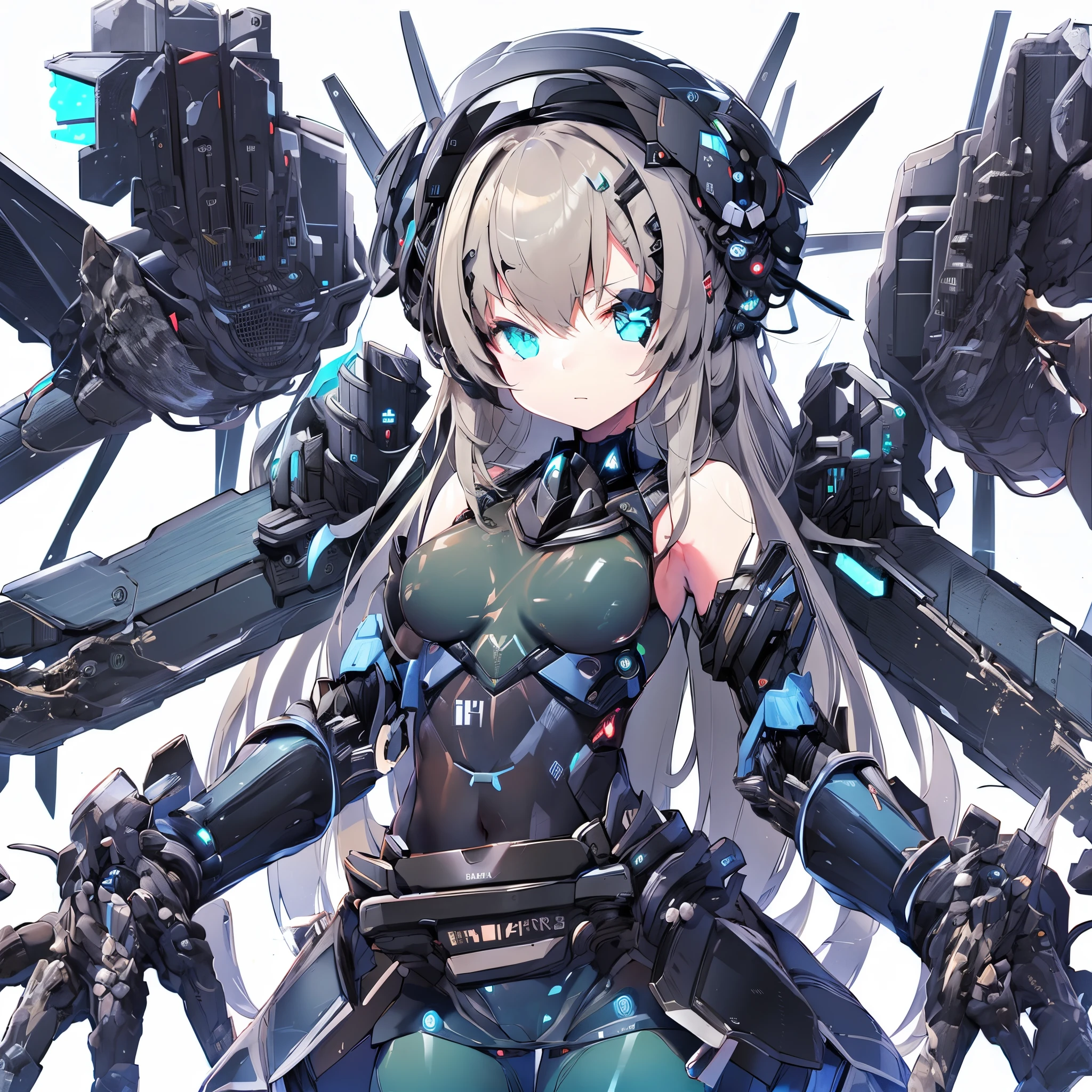 KanColle style girl. Connected turret. body suit. A machine with eyes. mechanical hand. huge claws.