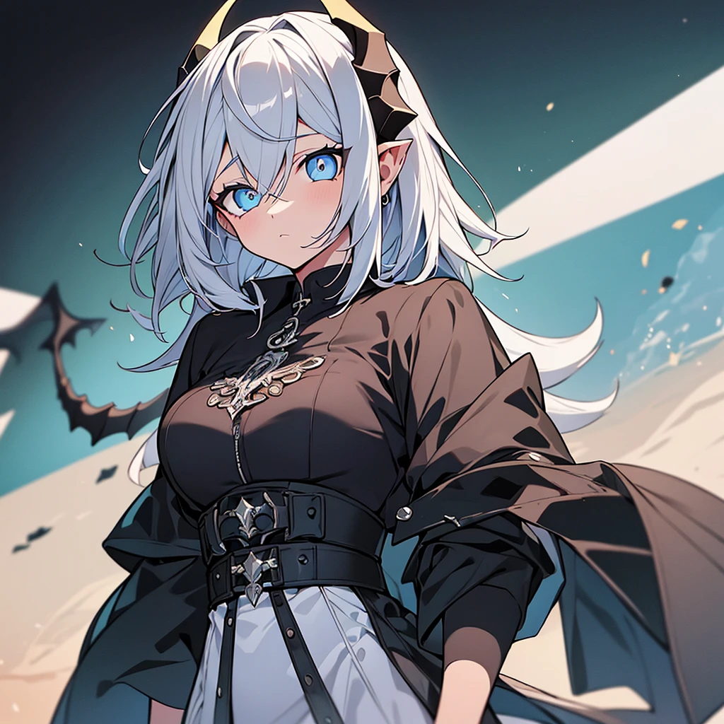 (melhor qualidade: 1.0), (super high res: 1.0), 1girl, personagem extremamente detalhado, detailed hands, Half-dragon girl, chifres, Dragon horns, Girl with black dragon tail, Black dragon tail, Cabelo extremamente detalhado, cabelo curto, ((short hair)), ((cabelos brancos)), ((Dicas de cor preta)), olhos extremamente detalhados, olho com cores diferentes, Heterocromia, Olho direito de cor branca, Olho esquerdo de cor preta, dragon eyes, 2D, Arte de Anime, ((barnet)), ((corpo inteiro)), standing on her feet, medieval, RPG, pequena, baixa, (Altura Pequena), peitos pequenos, (adolescente), olhar morto, grim expression, preocupado, look of tiredness, camisa de manga comprida, Black jacket, brincos de estrela + Branco, vestido longo medieval + preto, pantyhose + black + white, salto alto