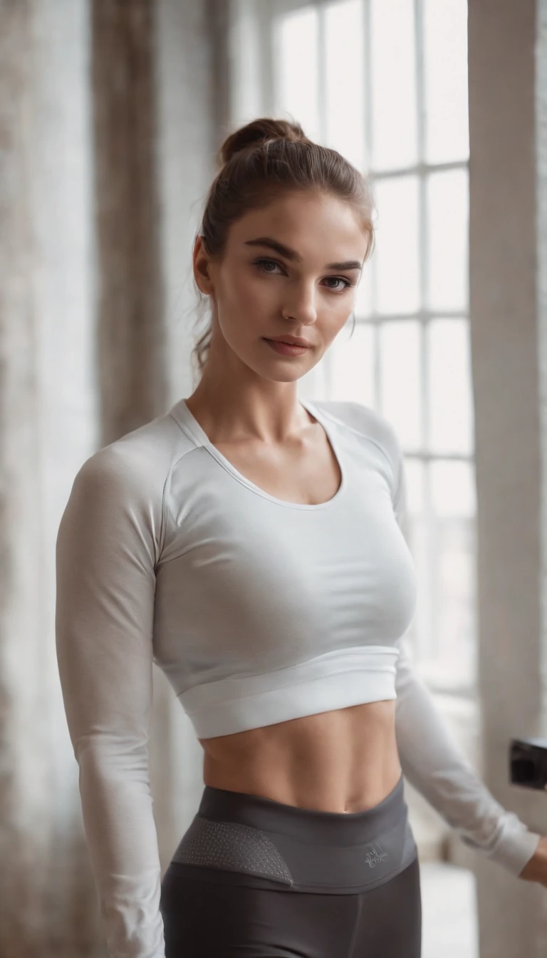 mulher arafida de blusa branca, looking away from the camera, apta, mulher em forma, rosto e corpo atraentes, Modelo de fitness, ajuste figura delicada, lindo corpo e rosto, Topo branco, peito achatado, corpo em forma, foto adequada, cabelo loiro com rabo de cavalo, camisa apertada, 2 modelo feminino de 4 anos, linda garota loira, pose lateral