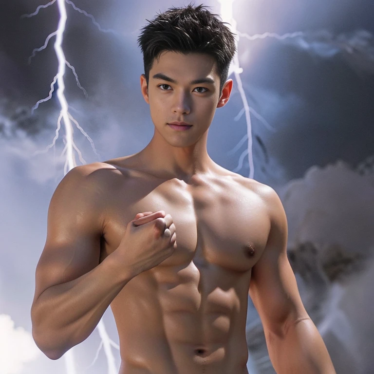 man, handsome, sixpack, charming,cute,dark armor, purple lightning,magic, energy ball In chest,Hands energized and there's lightning in hand, dragon, shadow, Knight, realistic, ultra detail, perfect face, perfect eyes, purple eye, Sword in left hand, Purple thunderstorm,bikini , nude ,Lightning energy radiated from the Penis,((puffy nipples)),(((photorealistic))