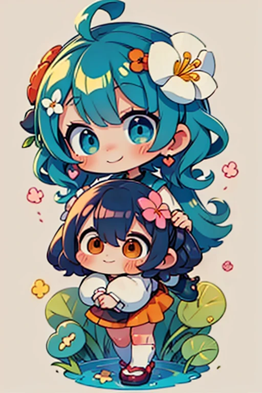 Stand in front of the photo、Boca aberta e sorriso largo、Water droplets on the cheeks、Make a heart with both hands、Seda iridescente fluindo、para cima do rosto、De olho、Colorcon with heart pattern、vestido floral、There's flowers right in front of you、flower petals、season!!: 夏天☀ 🍂