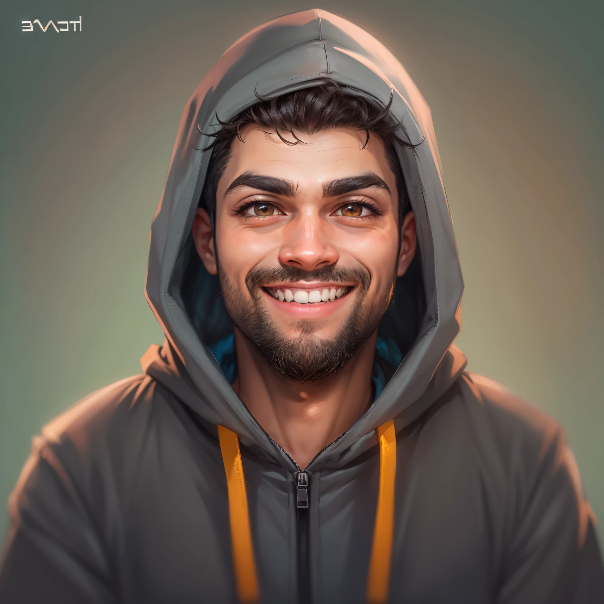 (PIVA) create a high quality 2D cartoon portrait of a man wearing the various and a hood, displaying a cheerful smile. This is a portrait for use as an NFT, an avatar image, a Discord profile picture, and a personality concept portrait for the Twitch streamer and player known as PivaArts. The full portrait should be detailed and capture a personality and the style of PivaArts, making it a pe Surprice of declara3. The focus is on a headshot portrait person fit for a Twitch streamer.