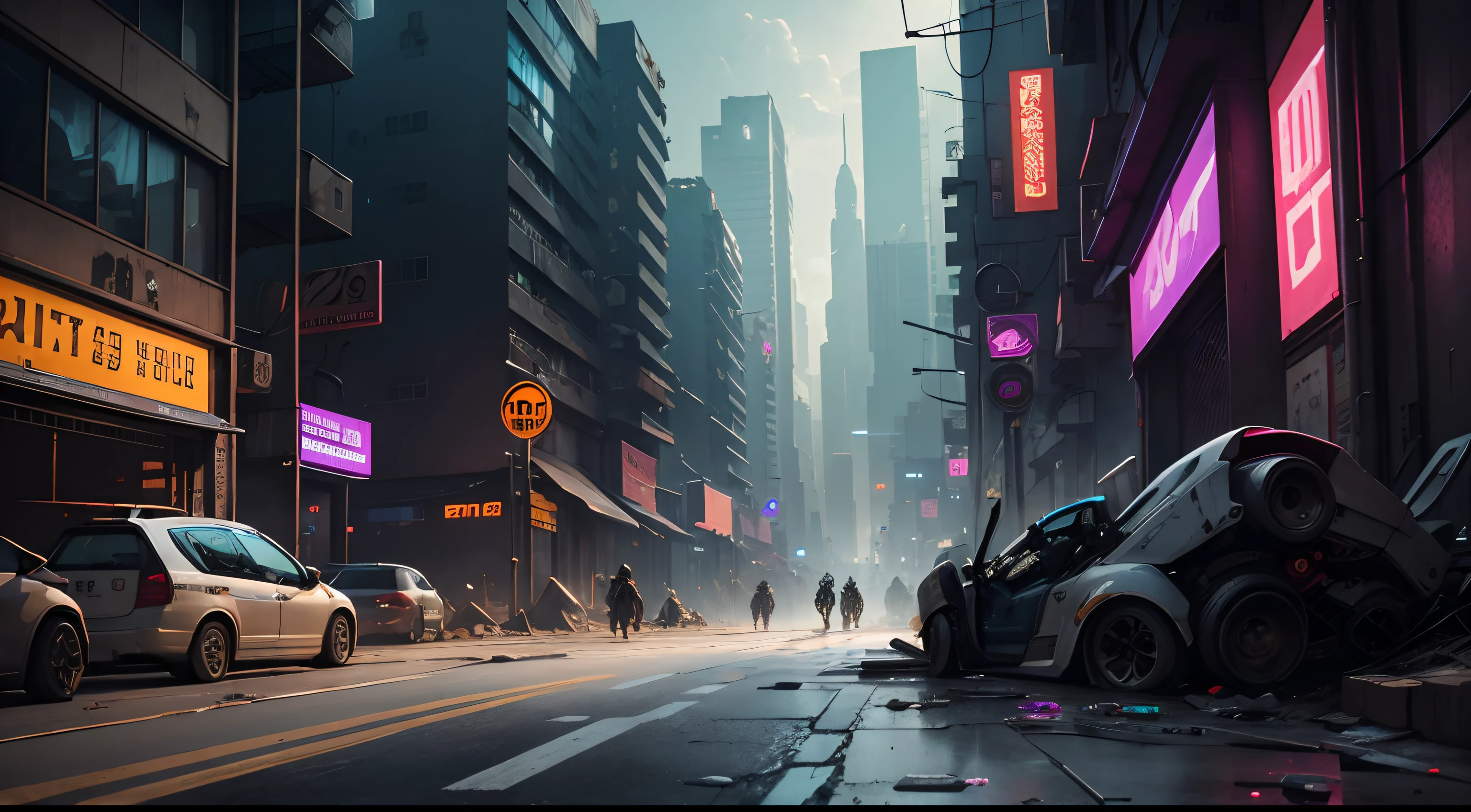 Destroyed cyberpunk city with poor people on the streets
