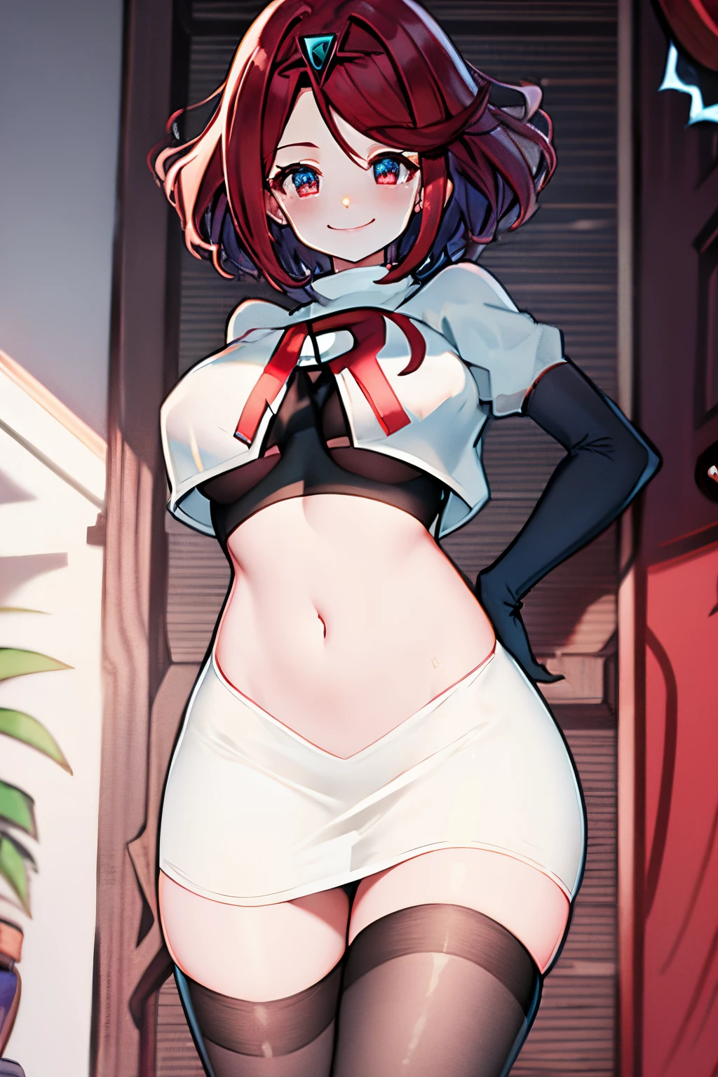 pyra,team rocket,team rocket uniform, red letter R, white skirt,white crop top,black thigh-highs,black elbow gloves, warm smile,