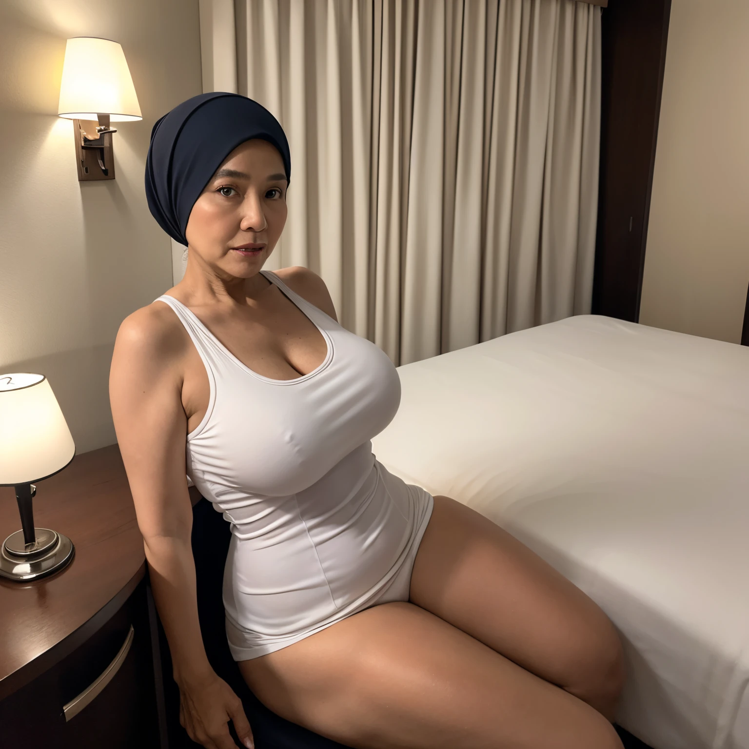 56 years Old, Hijab Indonesian mature woman, Big Mature Tits : 38.9, Tank Top, white skin like porcelain, Curvy body, at Hotel Room, Dark light, at Nighttime.