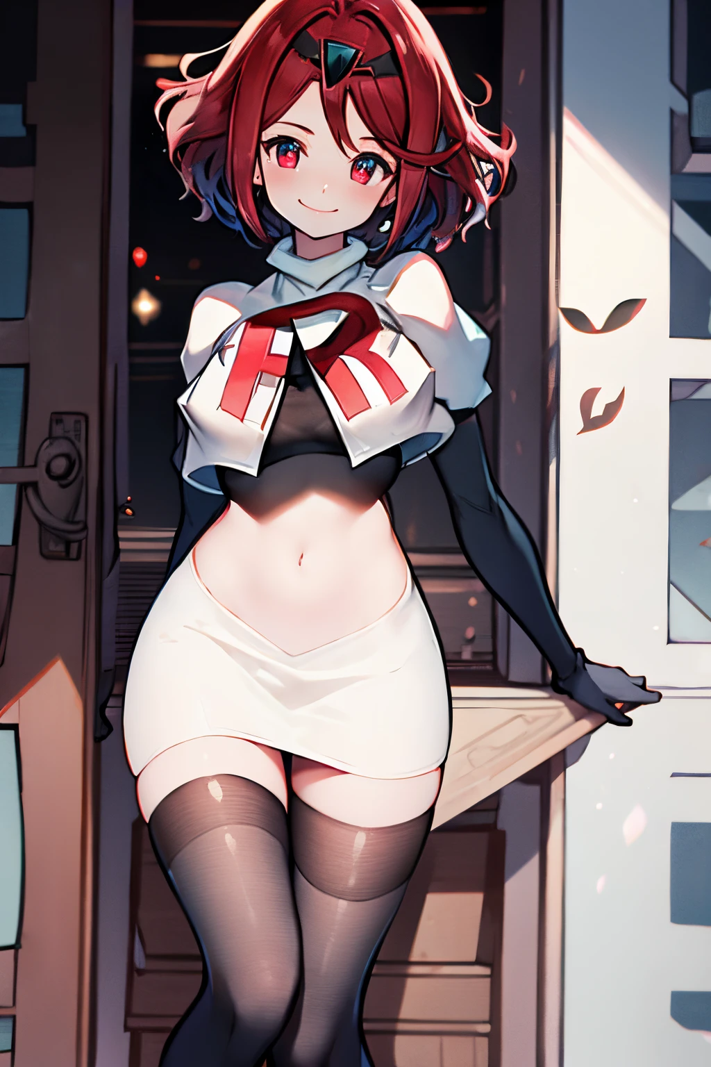 pyra,team rocket,team rocket uniform, red letter R, white skirt,white crop top,black thigh-highs,black elbow gloves, warm smile,