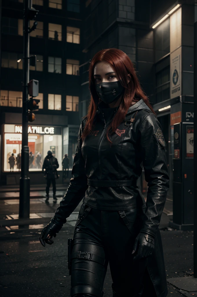 white female with red hair, black mask, wearing black techwear,walking with black cat, central composition, painting, expressive painting, acrylic, fine detailed brushstrokes, concept art, atmospheric lighting, stylize, intricate detail, 32k, science fiction and fantasy anime, unreal engine, dystopian apocalypse city, zombies on the streets, grainy sharp outlines and fading hatching,1970s fantasy book art, unreal engine, VFX, Octane render, Cinematic colour grading
