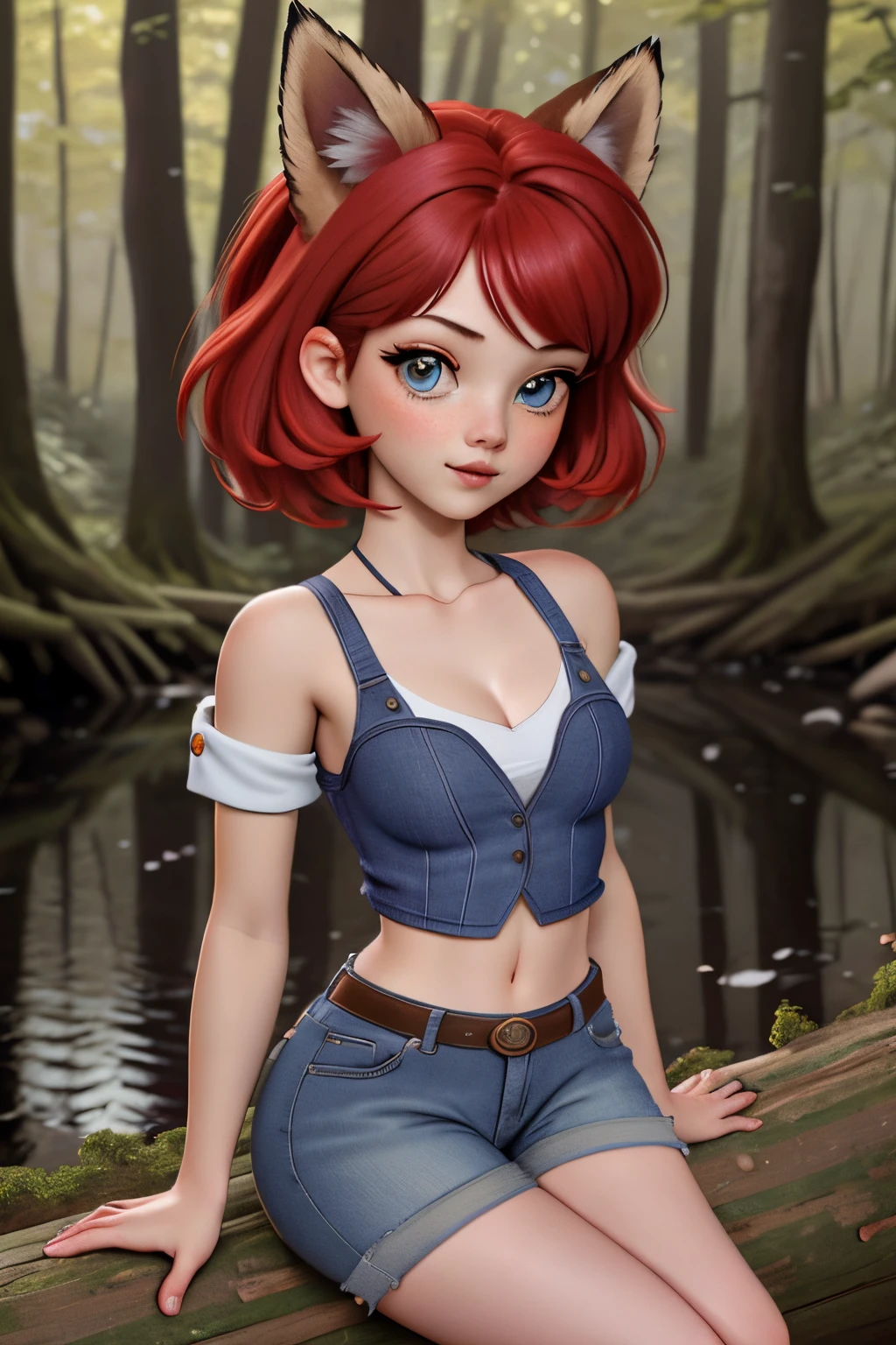 close up 1girl in, teenager, Solo, vibrant red hair, straight red hair, short red hair, light gray eyes, some small freckles, pale skin, medium breasts, cleavage, (groping chest:1.33), runners body, (thin hips, thin waist: 1.25), (arched back:1.12), detailed skin, mischievous face, pouting, revealing clothes, (wearing cropped tank top, blue jean shorts ripped, hair clip: 1.1), looking at viewer, (hands on chest:1.37), (sitting down on log: 1.22), (dark natural fox ears:1.25), (fox ears only), ears covered by hair, (detailed magical forest background:1.1), creek, overlooking opening in forest, relaxing, 4k textures, soft light, elegant, highly detailed, sharp focus, soothing tones, insane details, intricate details, hyperdetailed, low contrast, exposure blend, hdr, faded