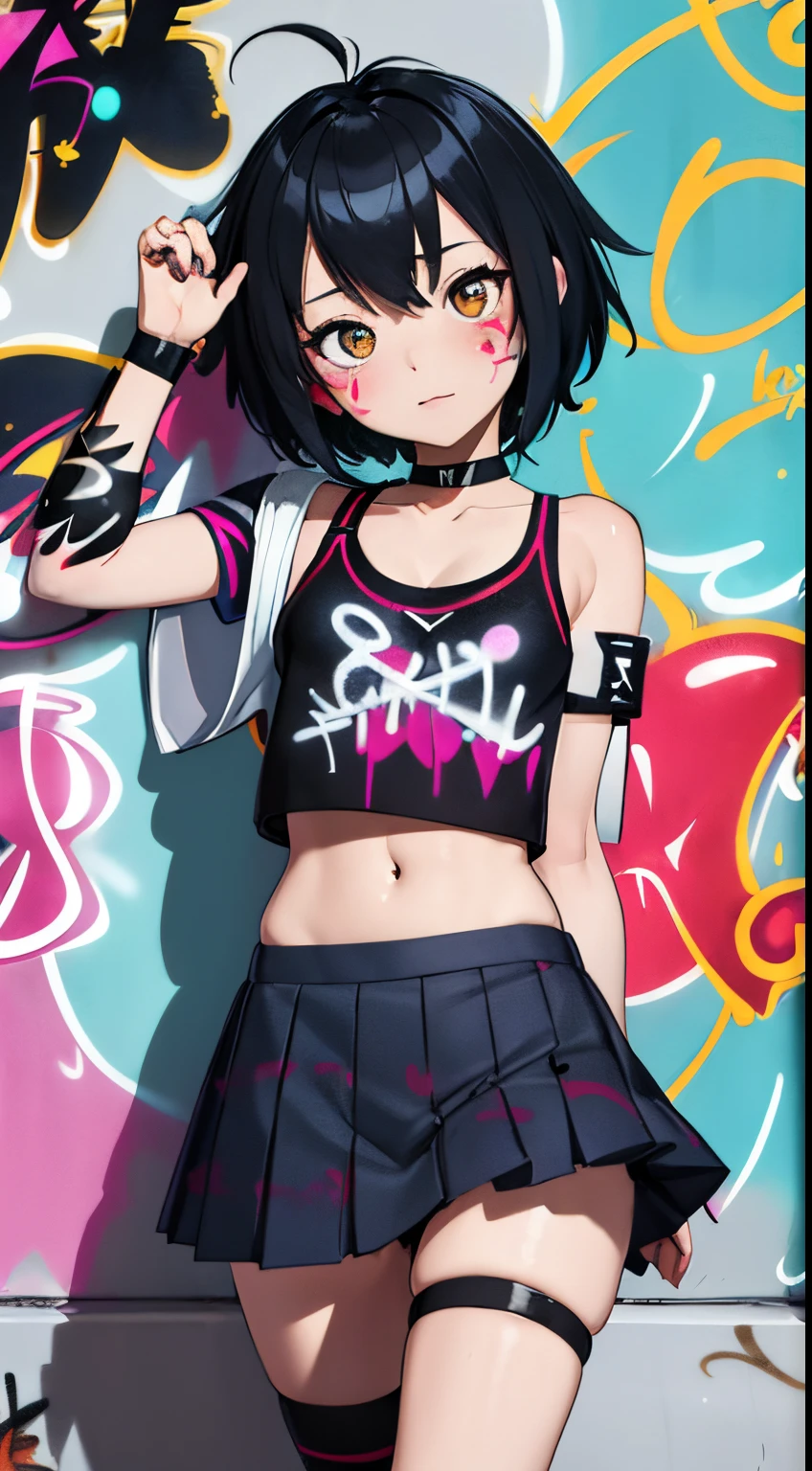 masterpiece, best quality, peni parker  **** 1girl, child  solo, crop top,  pantie , choker, (graffiti:1.5), paint splatter, arms behind back, against wall, looking at viewer, armband, thigh strap, paint on body, head tilt, bored,  aqua eyes, headset, infant body.