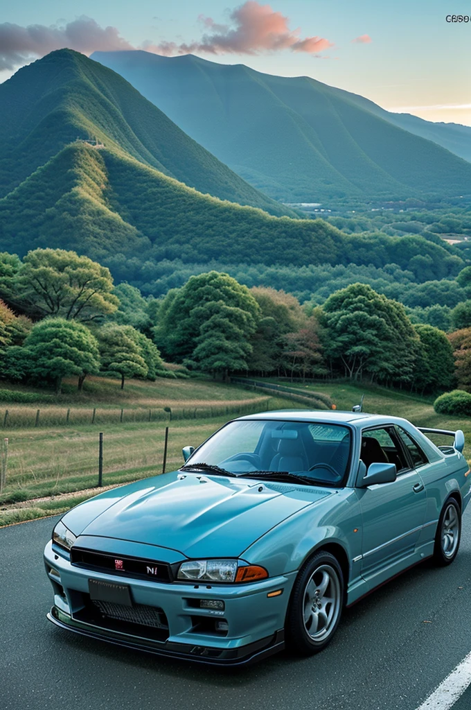 Genshin Impact Chart, A Nissan Skyline R32 GTR with a scenic landscape in the background, Detailed illustration, and retro style