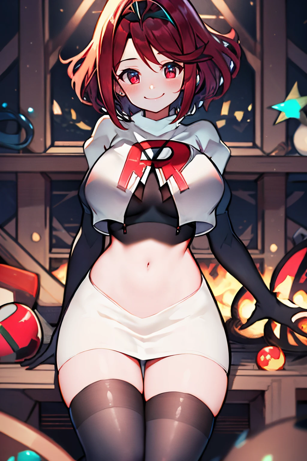 pyra,team rocket,team rocket uniform, red letter R, white skirt,white crop top,black thigh-highs,black elbow gloves, warm smile,