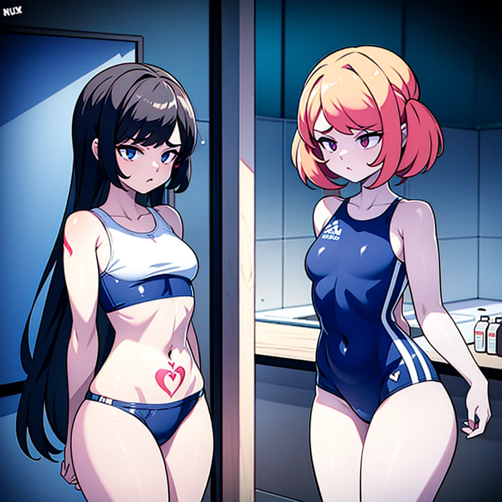 2meninas，seios extremamente grandes，Molhe-se，Competitive Sleeveless Swimsuit，Nu com coxas，Umbigo nu，High fork swimsuit，Tattoo of a heart on the abdomen