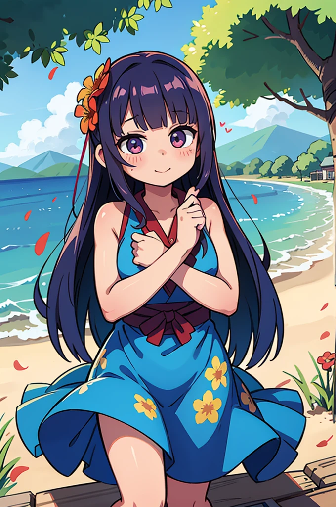 Stand in front of the photo、Boca aberta e sorriso largo、Water droplets on the cheeks、Pose kawaii(Tehepero)、Seda iridescente fluindo、para cima do rosto、De olho、Colorcon with heart pattern、vestido floral、There's flowers right in front of you、flower petals、season!!: 夏天☀ 🍂