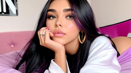 Madison Beer laying on a Pink bed With a sweatshirt on purple eyeshadow pink lipstick large golden hoop earrings white nail polish long black hair