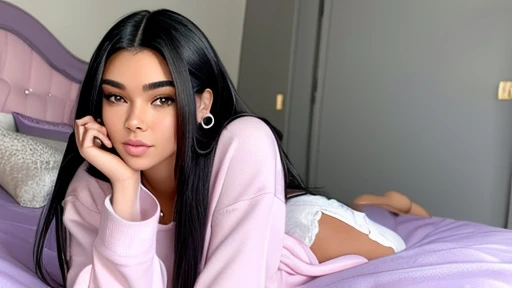 Madison Beer laying on a Pink bed With a sweatshirt on purple eyeshadow pink lipstick large golden hoop earrings white nail polish long black hair