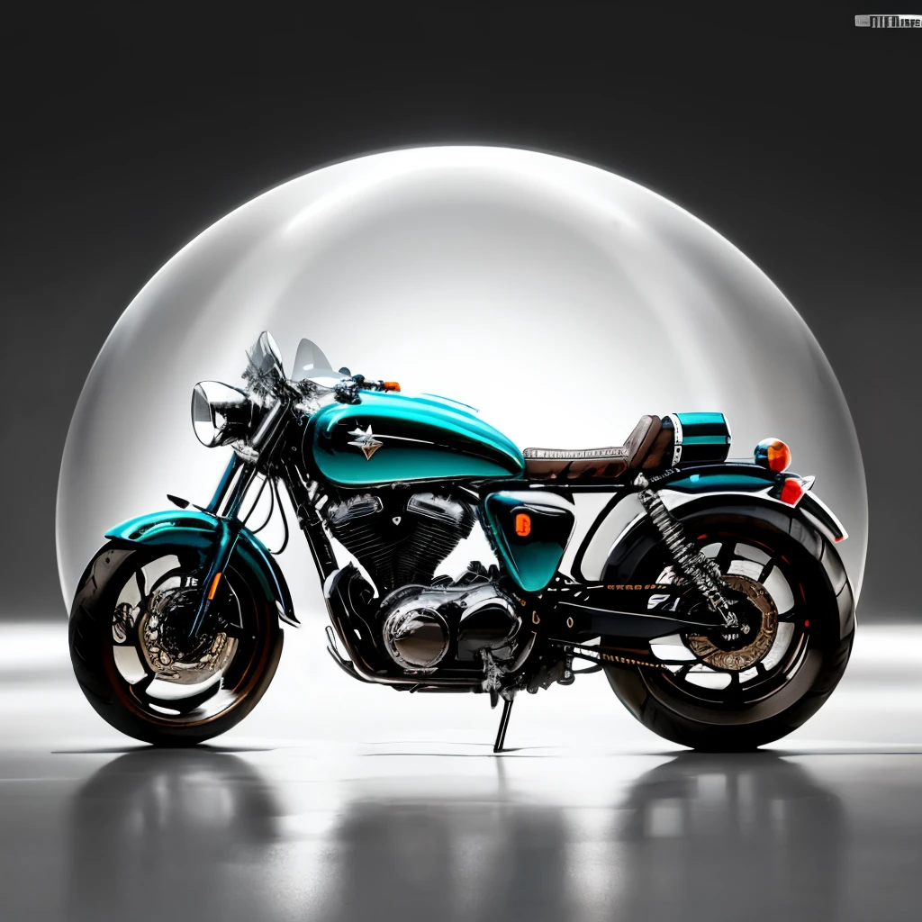 Make a image of a futuristic military armored motorcycle, with a exposed front wheel and drive shaft, minor armoring all over it, A spherical, convex design, the main door is either cockpit style or butterfly doors. The main pod is see-through armored glass, the back is smooth and convex, looking vintage