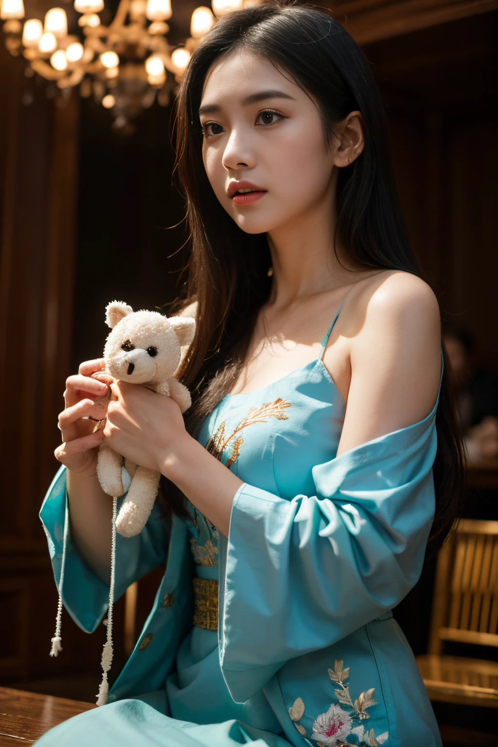 (8K, Ultra high res:1.1) Nguyen, an 18-year-old Vietnamese girl, enjoys an enchanting water puppetry performance. She wears a traditional áo dài with elegant embroidery, accentuating her youthful grace. The high-resolution image captures ultra-detailed realism, highlighting Nguyen's captivating brown eyes, flawless complexion, and long black hair. The stage setting with its intricate puppets and colorful lighting adds to the magical ambiance, creating a visually stunning representation of Nguyen's appreciation for Vietnamese cultural arts and her youthful wonder.