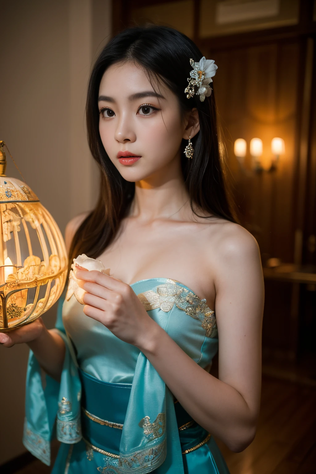 (8K, Ultra high res:1.1) Nguyen, an 18-year-old Vietnamese girl, enjoys an enchanting water puppetry performance. She wears a traditional áo dài with elegant embroidery, accentuating her youthful grace. The high-resolution image captures ultra-detailed realism, highlighting Nguyen's captivating brown eyes, flawless complexion, and long black hair. The stage setting with its intricate puppets and colorful lighting adds to the magical ambiance, creating a visually stunning representation of Nguyen's appreciation for Vietnamese cultural arts and her youthful wonder.