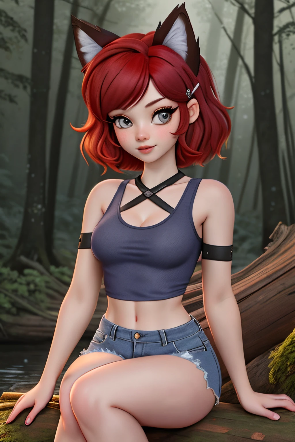 close up 1girl in, teenager, Solo, vibrant red hair, straight red hair, short red hair, light gray eyes, some small freckles, pale skin, medium breasts, cleavage, runners body, (thin hips, thin waist: 1.25), (arched back:1.12), detailed skin, mischievous face, pouting, revealing clothes, (wearing cropped tank top, blue jean shorts ripped, hair clip: 1.1), looking at viewer, (groping chest:1.37), (sitting down on log: 1.22), (dark natural fox ears:1.25), (fox ears only), ears covered by hair, (detailed magical forest background:1.1), creek, overlooking opening in forest, relaxing, 4k textures, soft light, elegant, highly detailed, sharp focus, soothing tones, insane details, intricate details, hyperdetailed, low contrast, exposure blend, hdr, faded
