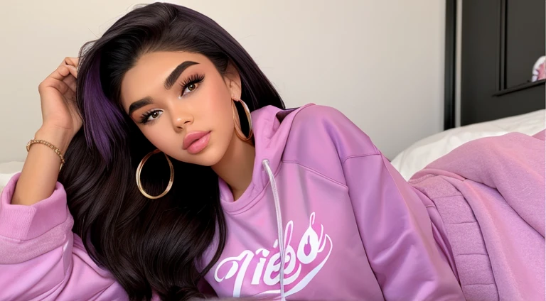 Madison Beer laying on a Pink bed With a sweatshirt on purple eyeshadow pink lipstick golden hoop earrings white nail polish long black hair