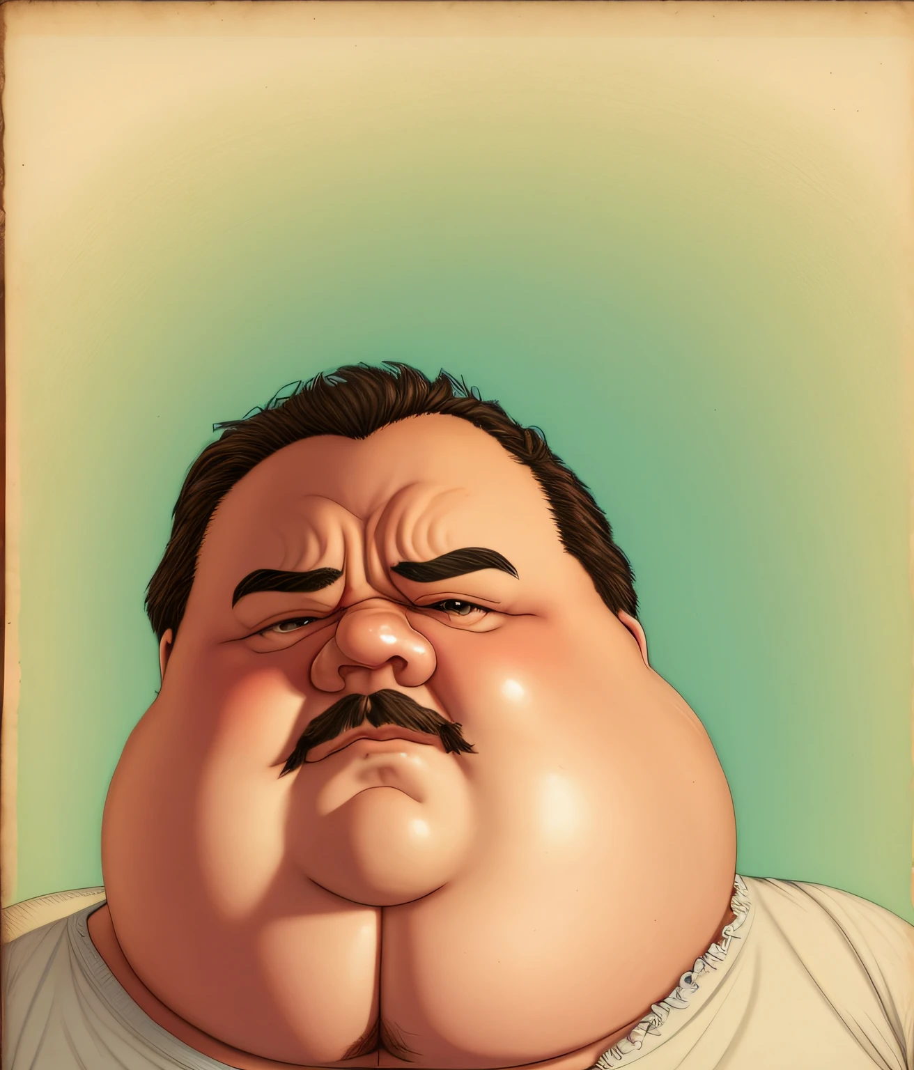 tem um homem com uma barriga grande e um colar, queixo enorme, Papada, gigantic man's head, queixo redondo, queixo maior, queixo redondo, queixo grande, morbidly obese, obeso, anime