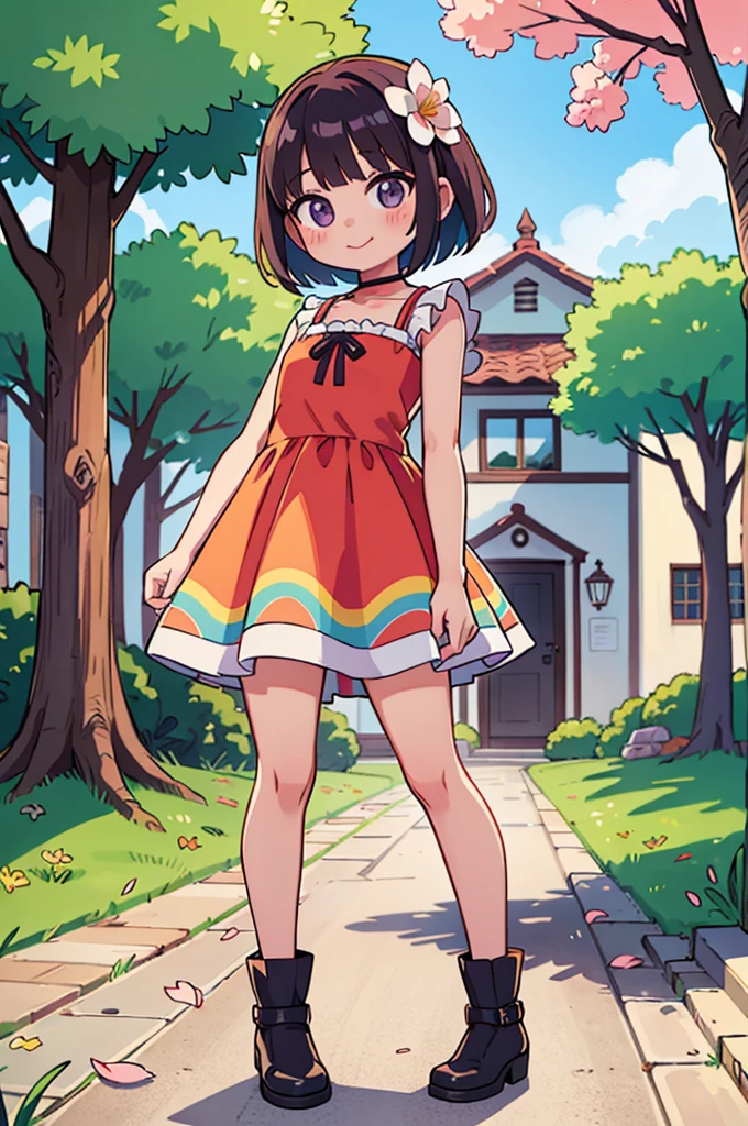 Stand in front of the photo、1girl em,corpo inteiro,um bob curto, Mas rabos de porco longos, Rainbow Color Hair,Botas longas,Boca aberta e sorriso largo、Pose kawaii、Seda iridescente fluindo、para cima do rosto、De olho、Colorcon with heart pattern、vestido floral、There's flowers right in front of you、cherry blossom petals、season!!: primavera☀ 🍂