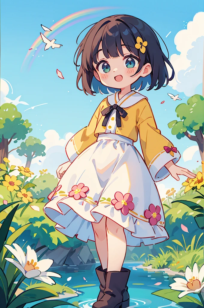 Stand in front of the photo、1girl em,corpo inteiro,um bob curto, Mas rabos de porco longos, Rainbow Color Hair,Botas longas,Boca aberta e sorriso largo、Water droplets on the cheeks、Pose kawaii、Seda iridescente fluindo、para cima do rosto、De olho、Colorcon with heart pattern、vestido floral、There's flowers right in front of you、flower petals、season!!: 夏天☀ 🍂