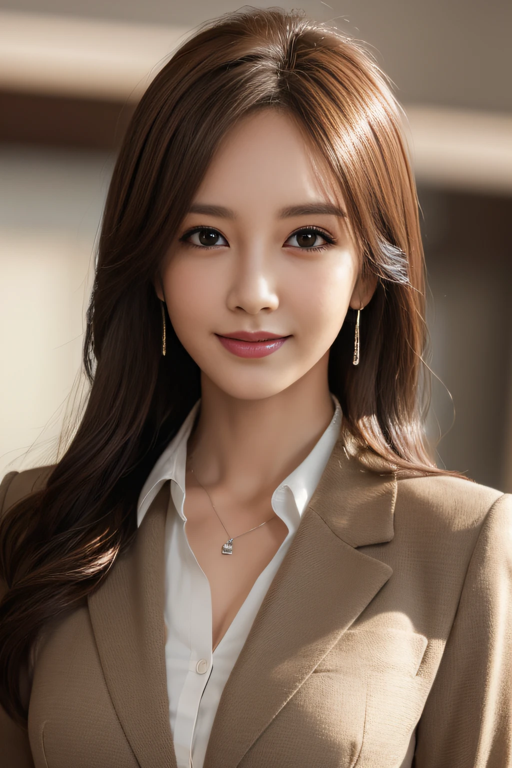 masutepiece, Best Quality, Photorealistic, Ultra-detailed, finely detail, High resolution, 8K Wallpaper, 1 beautiful woman,, light brown messy hair, in a business suit, foco nítido, Perfect dynamic composition, Beautiful detailed eyes, detailed hairs, Detailed realistic skin texture, Smiling, Close-up portrait, Model body type