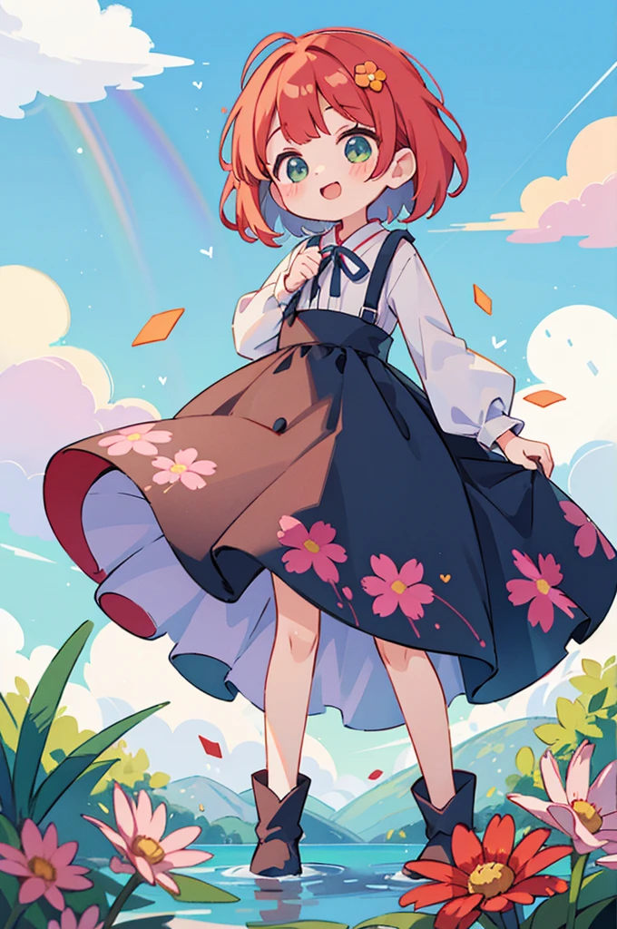 Stand in front of the photo、1girl em,corpo inteiro,um bob curto, Mas rabos de porco longos, Rainbow Color Hair,Botas longas,Boca aberta e sorriso largo、Water droplets on the cheeks、Pose kawaii、Seda iridescente fluindo、para cima do rosto、De olho、Colorcon with heart pattern、vestido floral、There's flowers right in front of you、flower petals、season!!: 夏天☀ 🍂