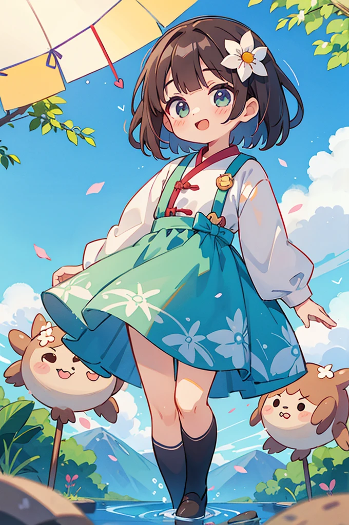 Stand in front of the photo、1girl em,corpo inteiro,um bob curto, Mas rabos de porco longos, Rainbow Color Hair,Botas longas,Boca aberta e sorriso largo、Water droplets on the cheeks、Pose kawaii、Seda iridescente fluindo、para cima do rosto、De olho、Colorcon with heart pattern、vestido floral、There's flowers right in front of you、flower petals、season!!: 夏天☀ 🍂