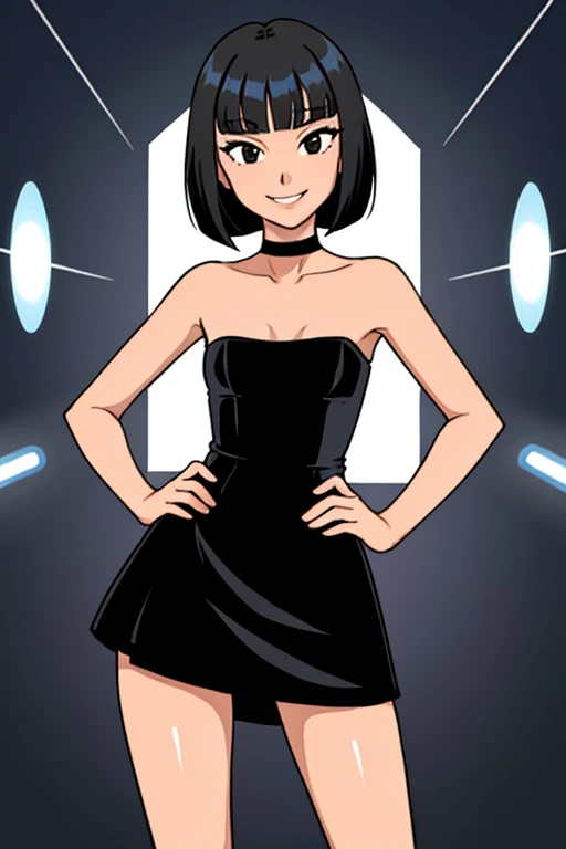 1 girl, teenage, black hair, short black hair, medium hair, bob hair, black eyes, little black dress, strapless dress, short bodycon dress, skin-tight dress, smile, choker, fancy hotel, hands on hips, sexy, ballroom background, disco lighting, masterpiece, high quality, flat colors, flat colors, cel shading, hard shadows, outlines, vector art.