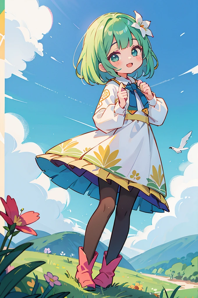 Stand in front of the photo、1girl in,Full body,a short bob, rainbow color Hair,long boots,Open mouth and big smile、Water droplets on the cheeks、kawaii pose、Flowing iridescent silk、up of face、Eye Up、Colorcon with heart pattern、Floral dress、There are flowers even in front of you、flower petals、season!!: springtime☀ 🍂