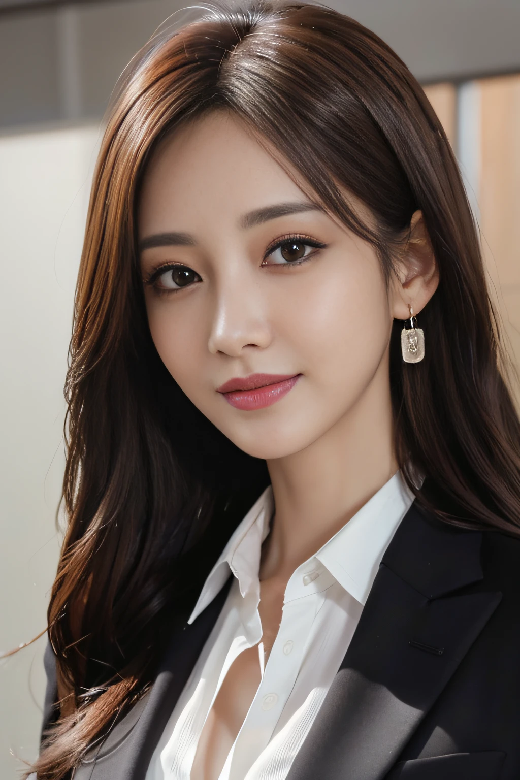 masutepiece, Best Quality, Photorealistic, Ultra-detailed, finely detail, High resolution, 8K Wallpaper, 1 beautiful woman,, light brown messy hair, in a business suit, foco nítido, Perfect dynamic composition, Beautiful detailed eyes, detailed hairs, Detailed realistic skin texture, Smiling, Close-up portrait, Model body type