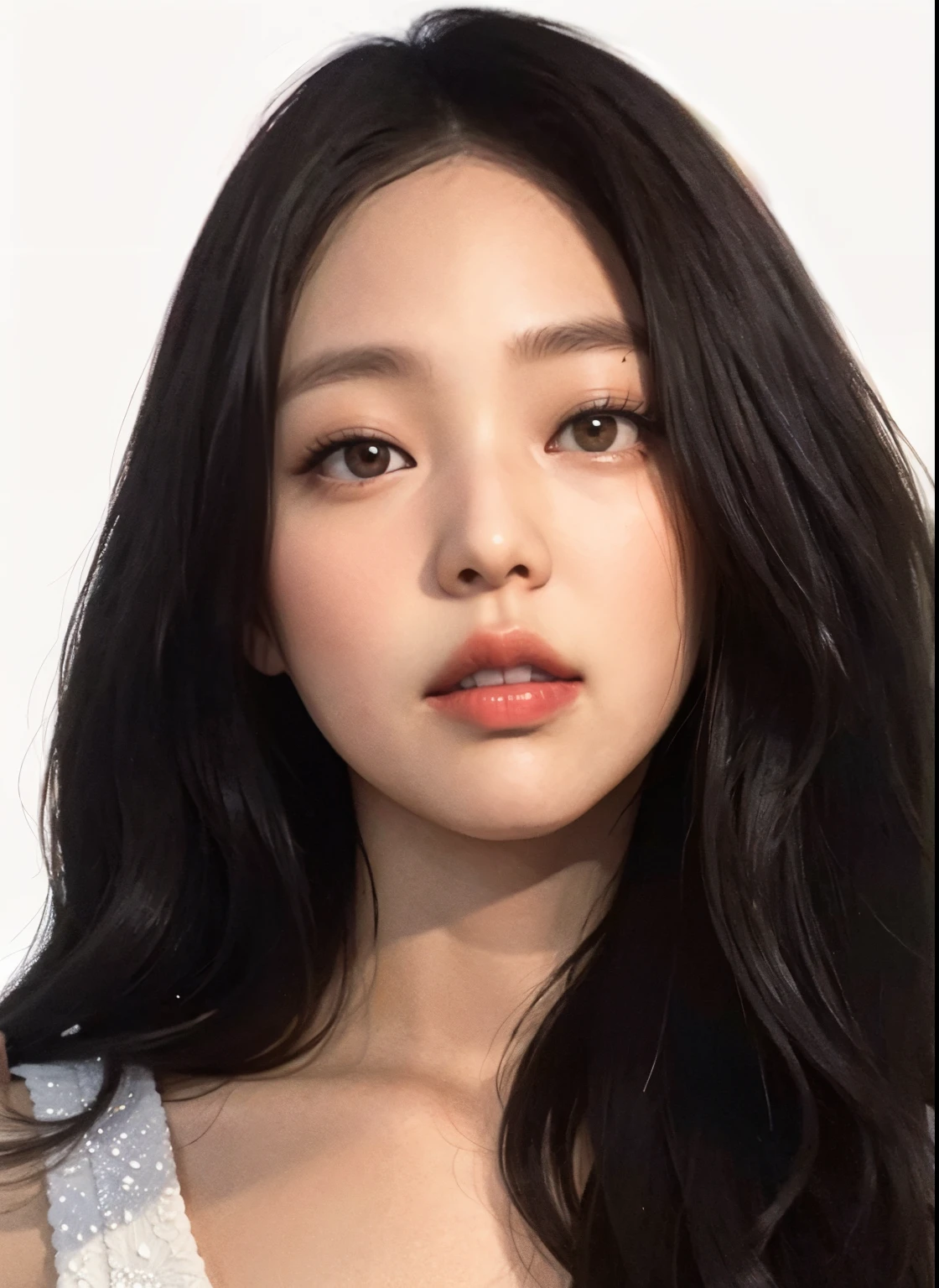 um close up de uma mulher com cabelos longos e um top branco, atriz da Coreia, korean face features, korean symmetrical face, Parque Ji-min, jennie blackpink, Mulher sul-coreana bonita, inspirado em Tang Sin Yun Sandara, Asian face, linda mulher coreana jovem, Mulher coreana, Shin min jeong, Kim Jung segura, kwak ji jovem