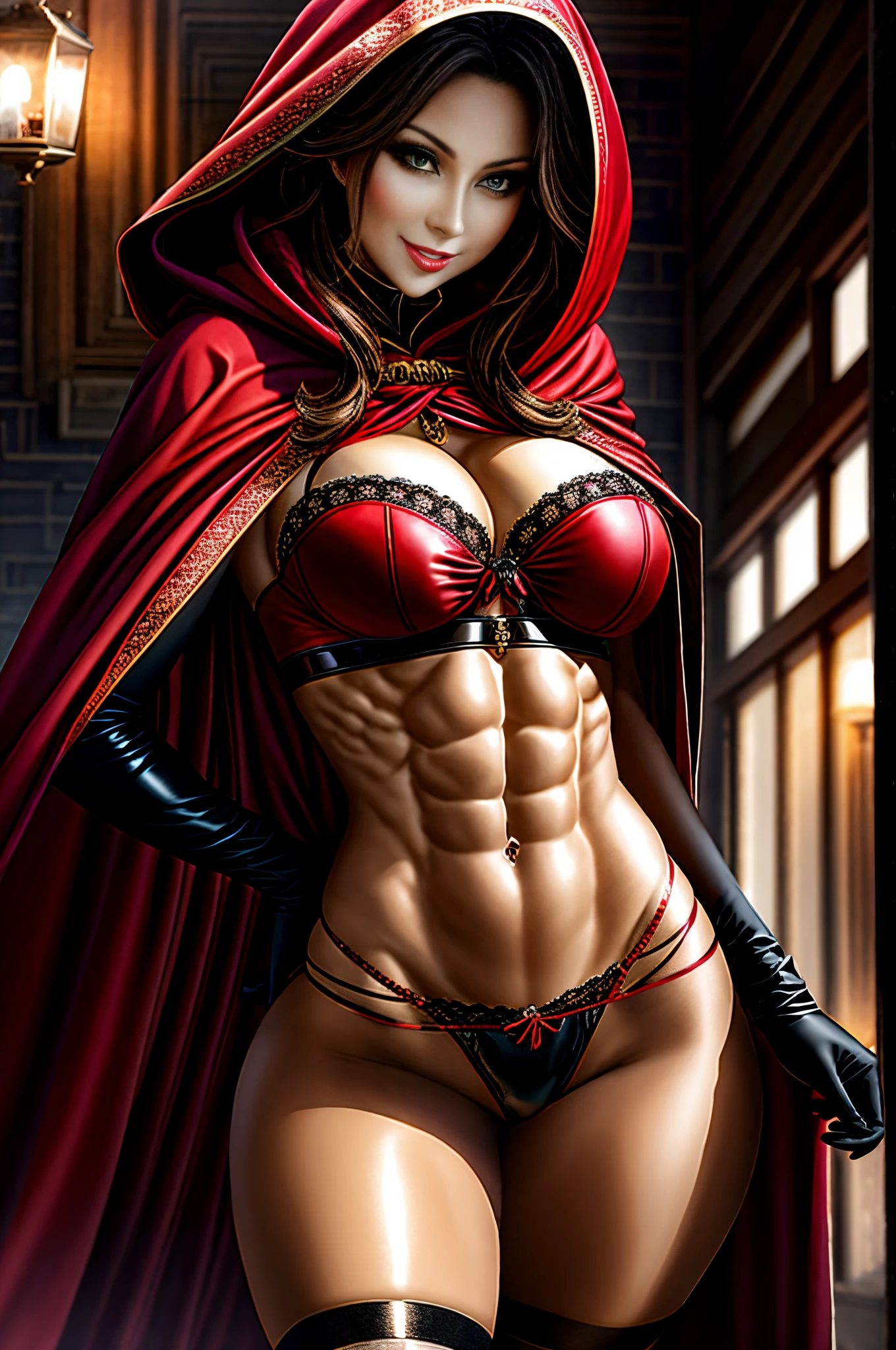 ((tmasterpiece, Best quality at best,Edge quality)),ssmile,right ventricle, A woman wearing a red cloak and black stockings ,right ventricle,mitts,Well-defined abdominal muscles,Skin is shiny and shiny