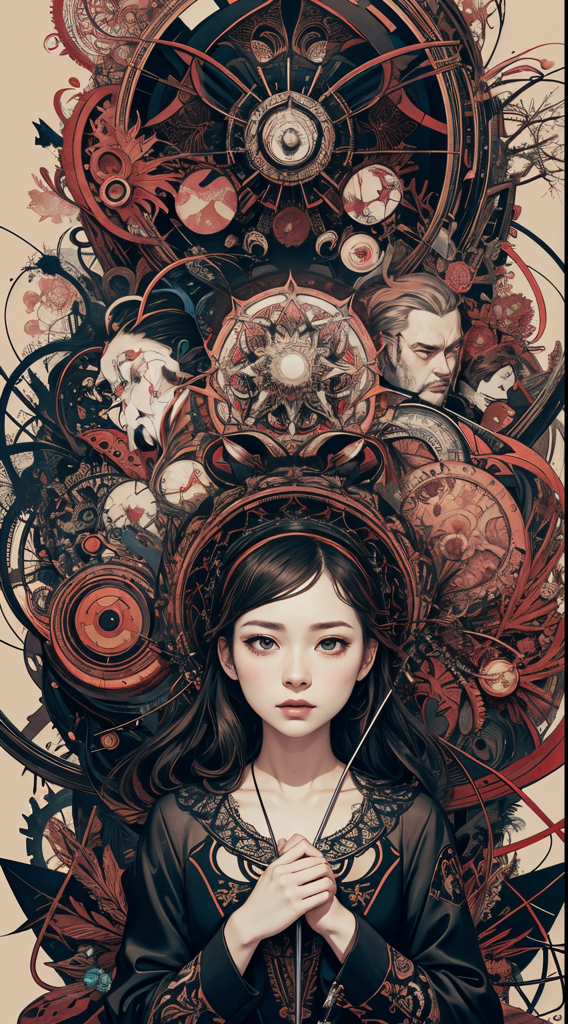 official art, unity 8k wallpaper, ultra detailed, beautiful and aesthetic, masterpiece, best quality, (zentangle, mandala, tangle, entangle), (fractal art:1.3) , 1girl, extremely detailed, dynamic angle, cowboyshot, the most beautiful form of chaos, elegant, a brutalist designed, vivid colours, romanticism, by james jean, roby dwi antono, ross tran, francis bacon, michal mraz, adrian ghenie, petra cortright, gerhard richter, takato yamamoto, ashley wood, atmospheric, ecstasy of musical notes, streaming musical notes visible