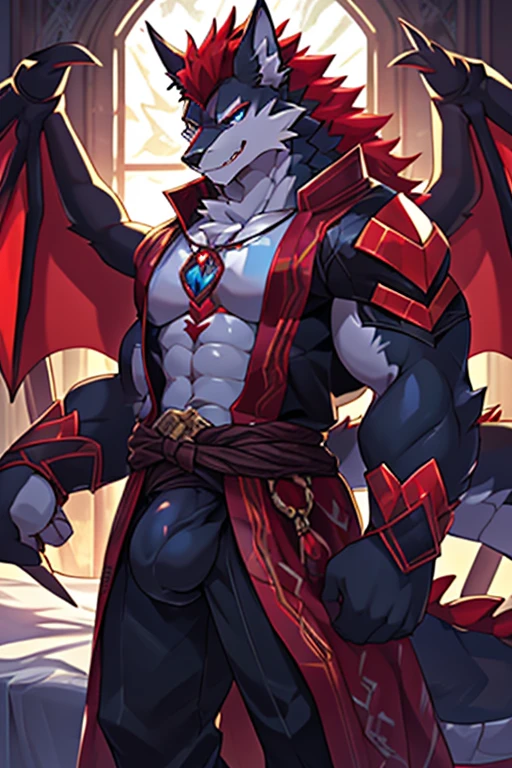 POV, kemono, correct anatomy, furry, furrie, (((a den (dragon wolf hybrid), male, black coat with red details on the arms legs and ears, wolf snout, one blue eye and one red, cute, red horns, red chest scales, big wolf tail, dragon wings, voluminous red hair))). Naked body, draconic slit, draconic genitalia, erection, in bed, no muscles, sensual, seductive look, cum, milk splashed and poured on the body, expression of pain, extremely detailed art, tesudo, flashy colors, professional photos, various angles, detailed scenery, hd, dark shadows, dark lighting, more seductive setting, ultra 8k, HDR.