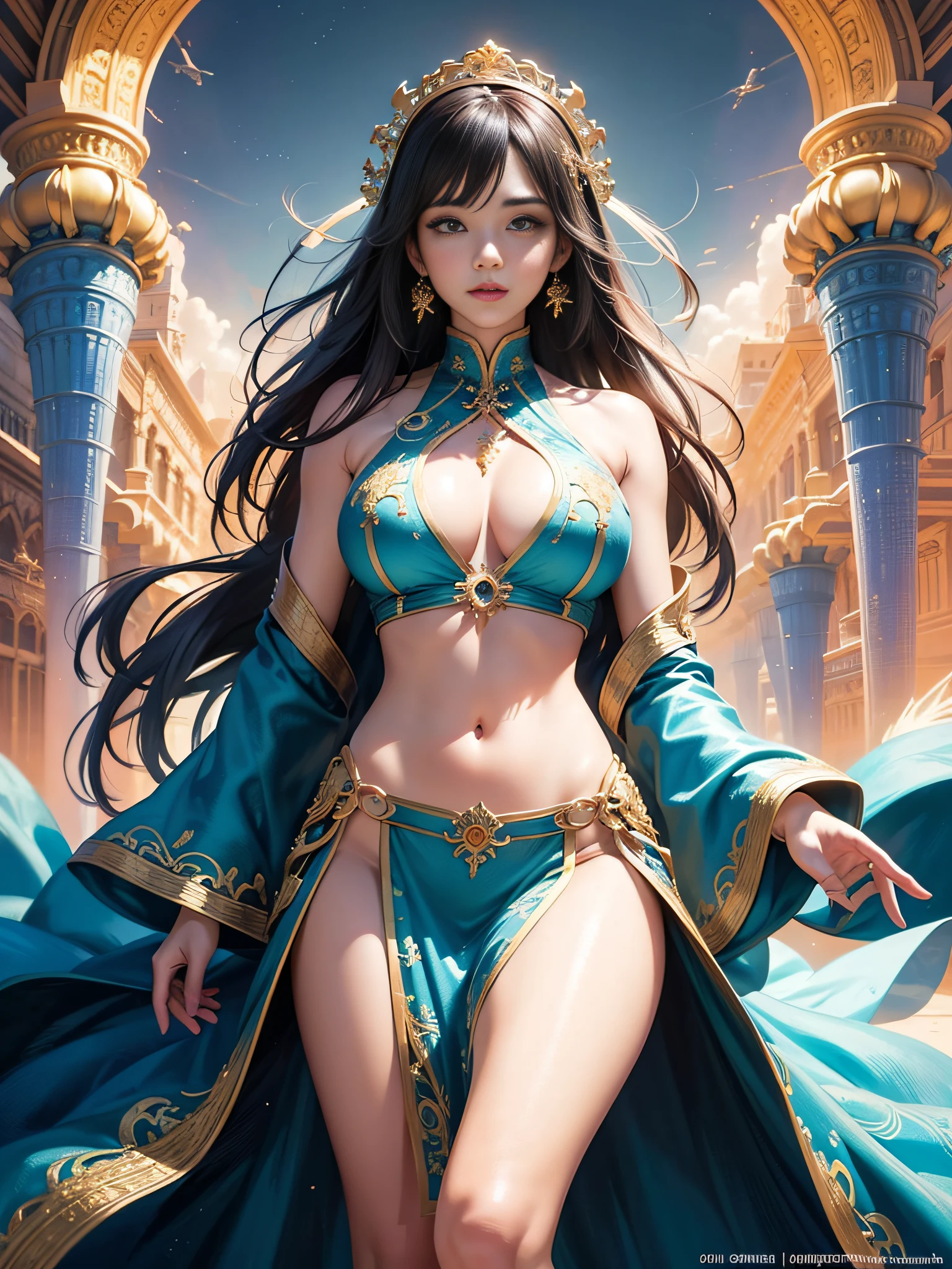 Official art, Unity 8k壁纸, super detailed, Beautiful and aesthetic, masutepiece, of the highest quality, (Zentangle, mandalas, Tangle, Tangle), (Fractal Art: 1.3), One girl, Highly detailed, Beautiful face, Detailed face , Perfect proportions, Big breasts, thin waist, Navel, Crotch gap, thighs thighs thighs thighs, Dynamic angles, Cowboy Shots, most beautiful form chaos, Elegance, Brutalist design, Bright colors, romanticism, Atmosphere, ecstasy musical notes, Streaming notes are displayed