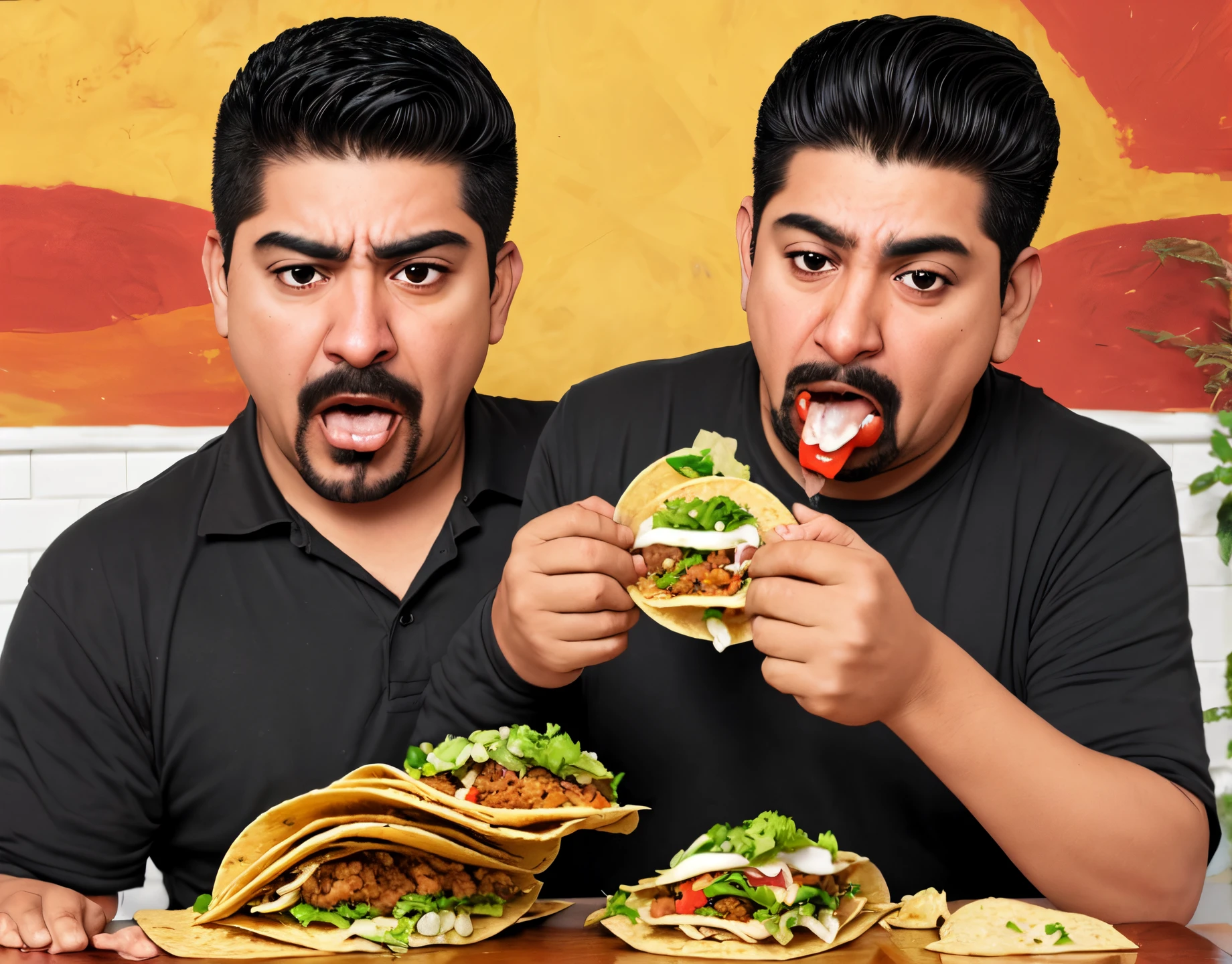 Make a angry mexican man eating tacos